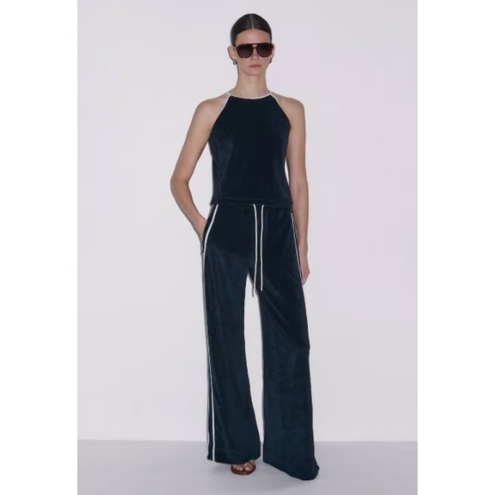 ME+EM Navy Cream Rib Trim Towelling Track Trousers Wide Leg Pants US 6 NEW